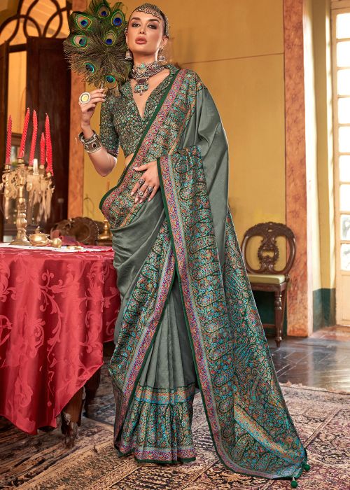 Grey Printed Saree In Art Silk