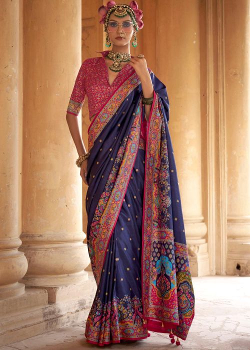 Navy Blue Printed Saree & Blouse In Art Silk