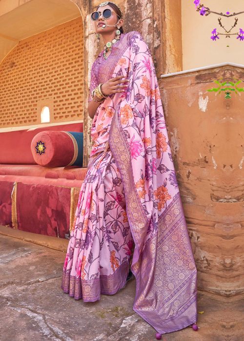 Pink Floral Print Saree & Blouse