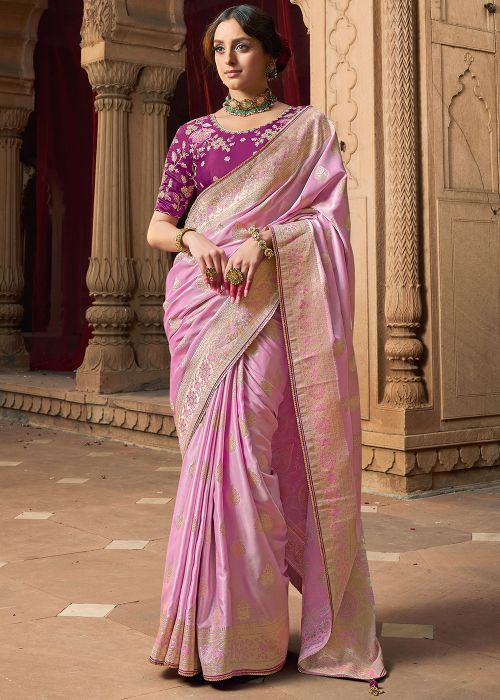Light Pink Satin Saree In Woven Work