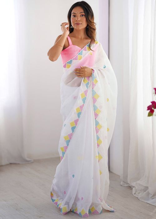 White Embroidered Chiffon Saree