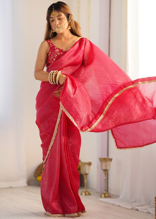 Pink Embellished Border Tissue Saree