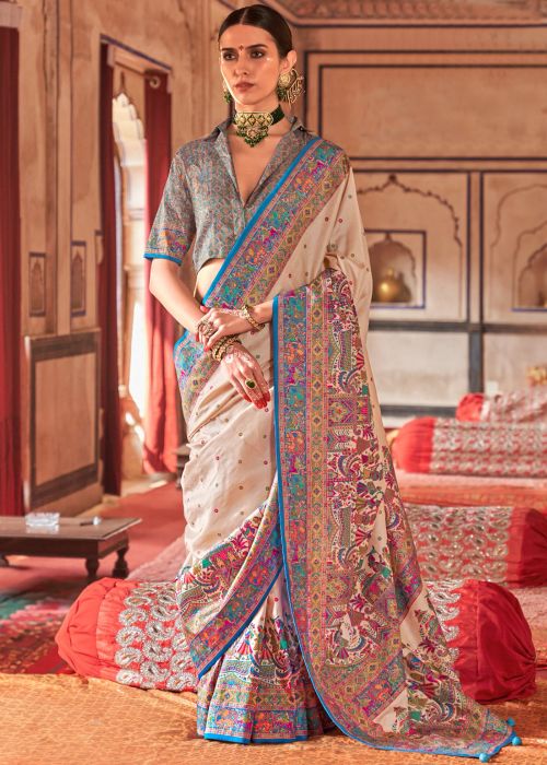 Cream & Blue Printed Art Silk Saree