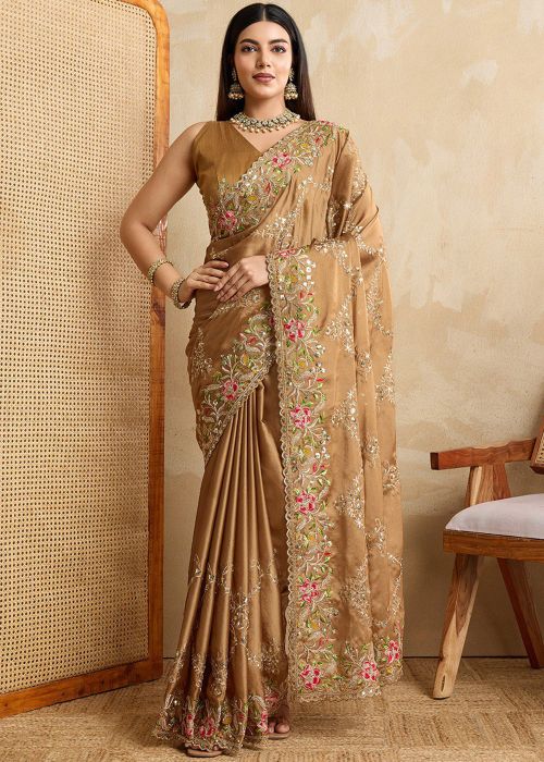 Brown Embroidered Art Silk Saree