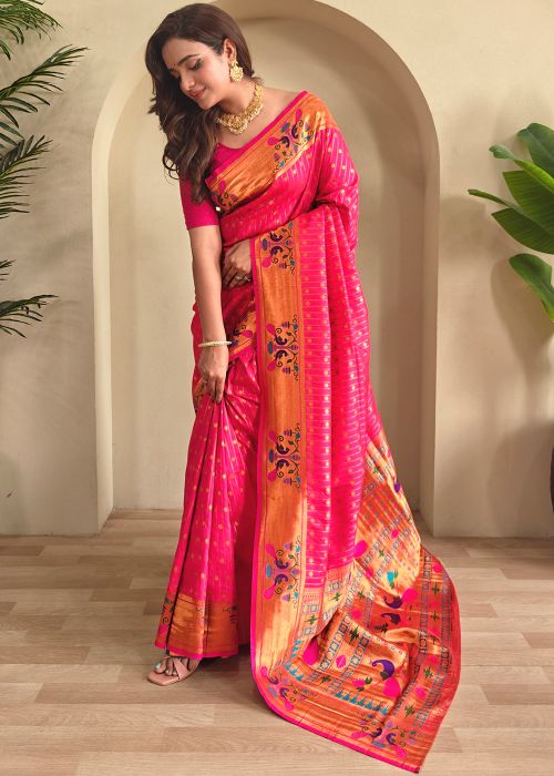 Pink Zari Woven Saree In Art Silk