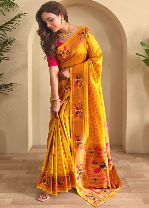 Yellow Art Silk Saree In Zari Woven Work