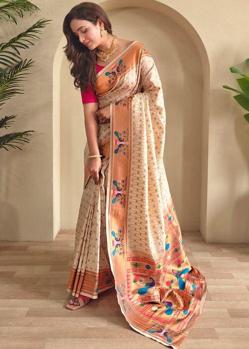 Cream Zari Woven Saree In Art Silk