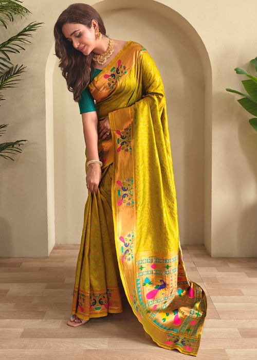 Lime Green Zari Woven Saree In Art Silk