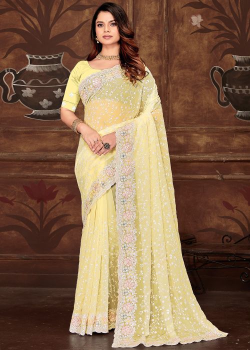 Light Yellow Embroidered Georgette Saree