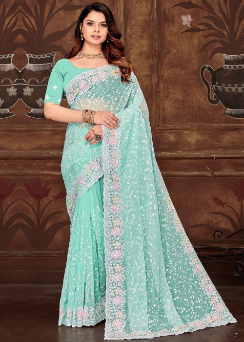 Sky Blue Georgette Embroidered Saree