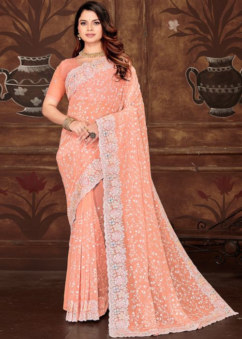Peach Georgette Embroidered Saree