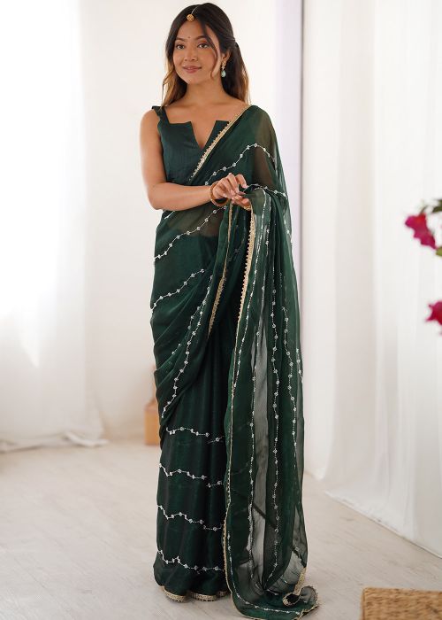 Dark Green Embroidered Chiffon Saree