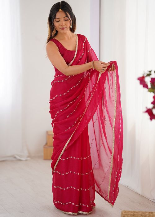 Pink Embroidered Chiffon Saree