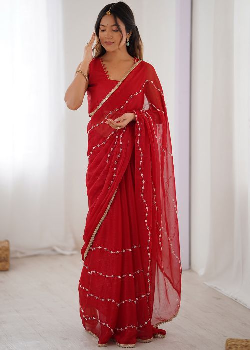 Red Embroidered Chiffon Saree