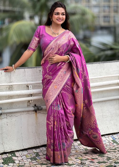 Magenta Zari Woven Saree In Art Silk