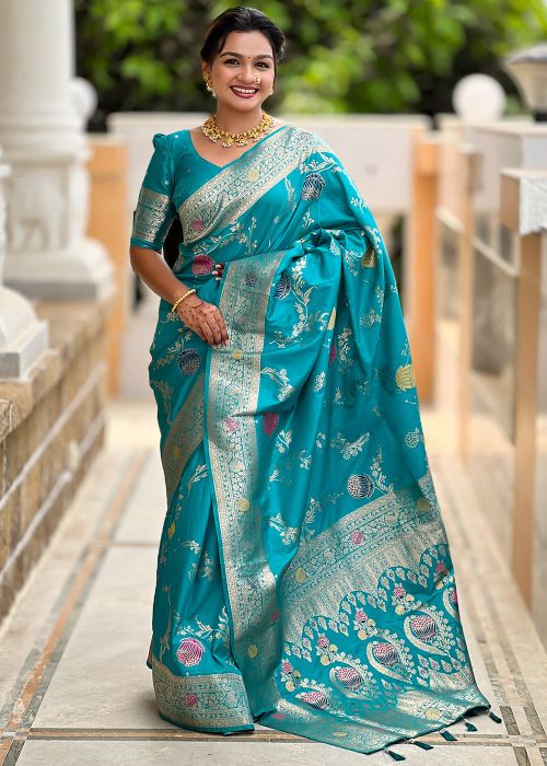 Turquoise Art Silk Zari Woven Saree