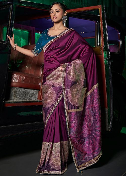 Purple Embroidered Saree In Silk