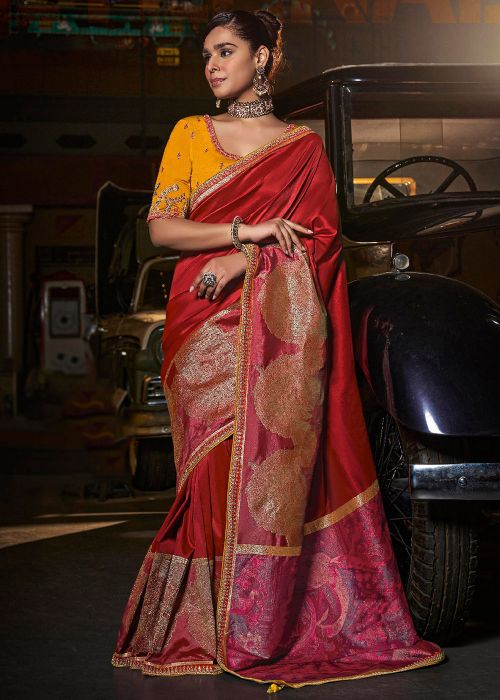 Red Embroidered Saree In Silk