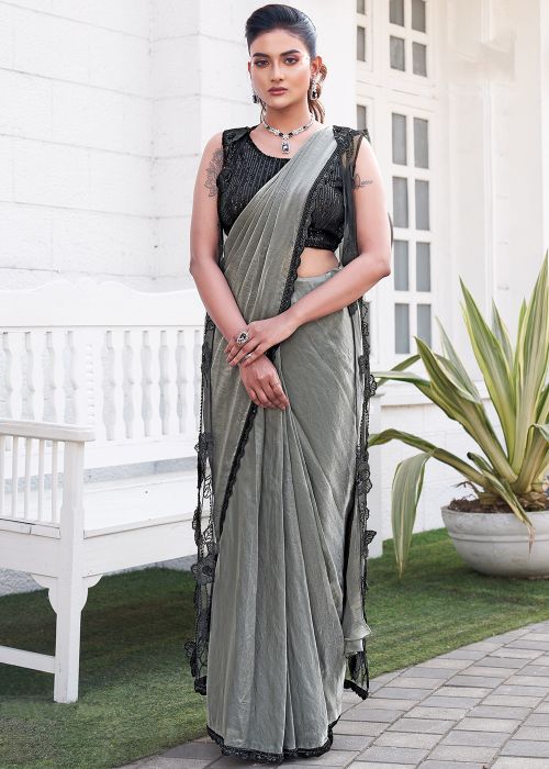 Grey Embroidered Pre-Stitched Saree
