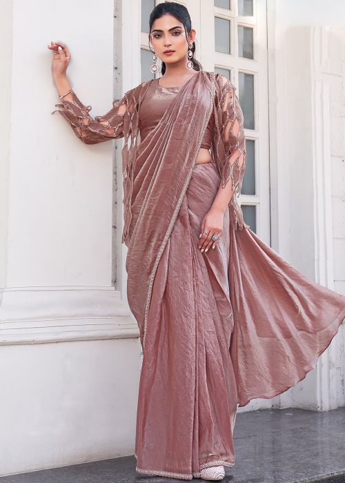 Brown Embroidered Pre-Stitched Saree With Jacket