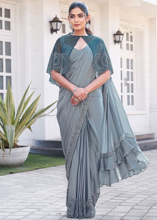 Grey Embroidered Pre-Stitched Saree