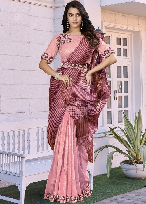 Pink Embroidered Pre-Stitched Saree