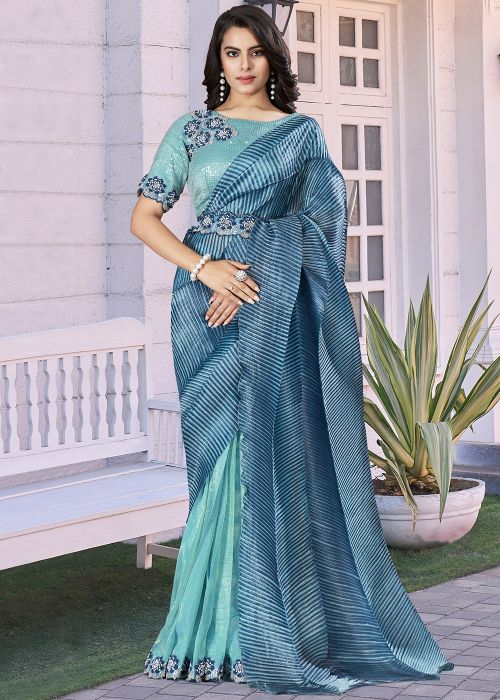 Blue Embroidered Pre-Stitched Saree In Crape