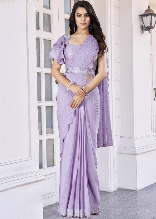 Purple Embroidered Pre-Stitched Saree With Belt