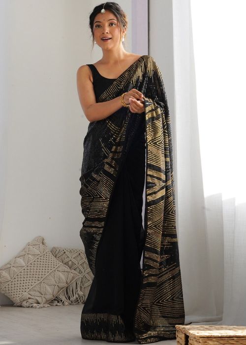 Black Embellished Saree In Georgette