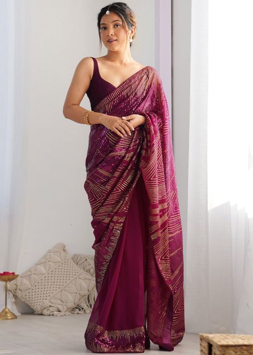 Purple Sequins Work Georgette Saree