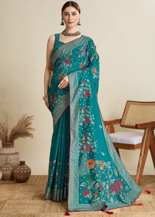 Teal Blue Printed Cotton Saree & Blouse