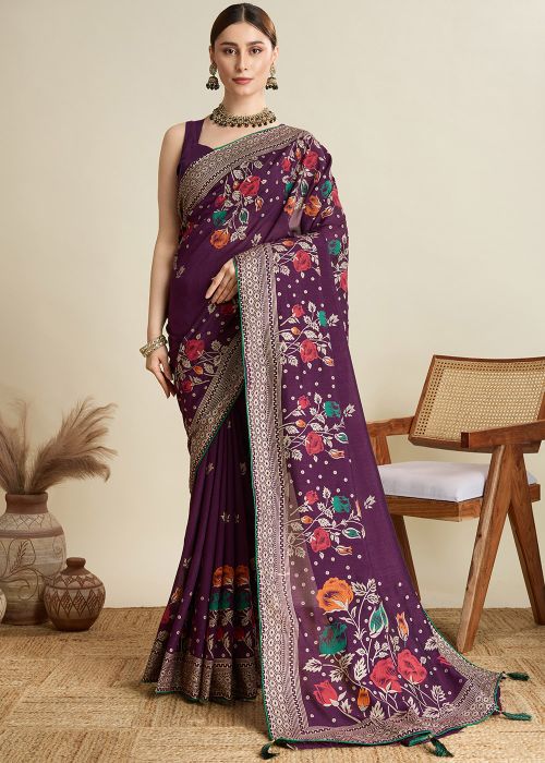 Purple Printed Cotton Saree & Blouse