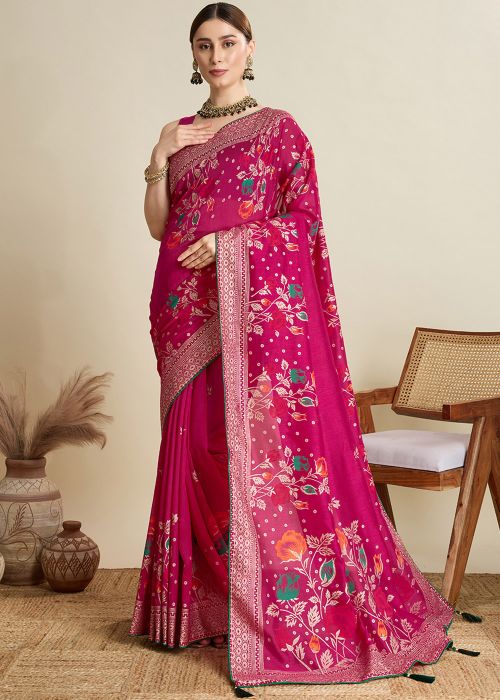 Pink Printed Cotton Saree & Blouse
