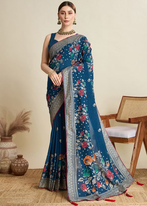 Blue Printed Cotton Saree & Blouse