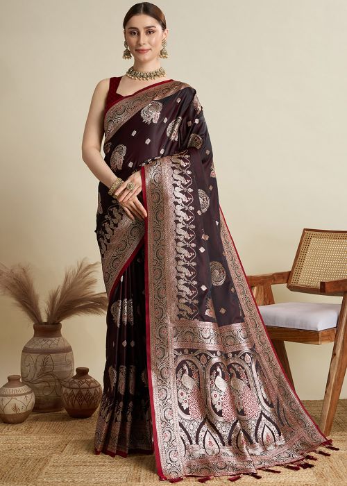 Maroon Zari Woven Saree In Satin Silk