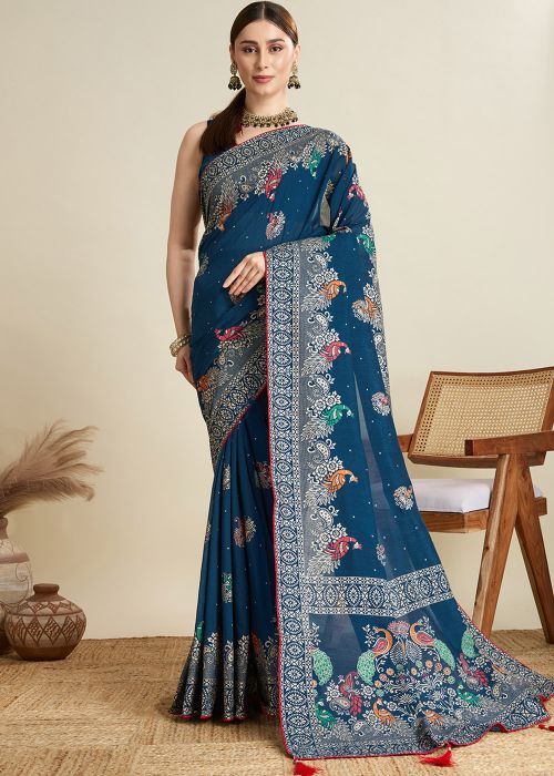 Blue Printed Saree In Cotton