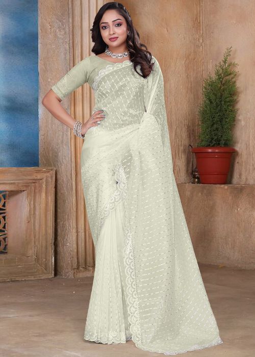 Cream Scalloped Border Art Silk Saree