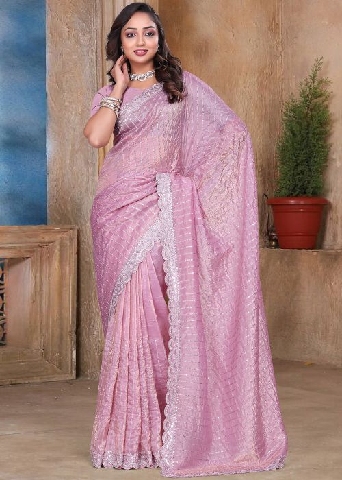 Pink Embroidered Saree In Art Silk