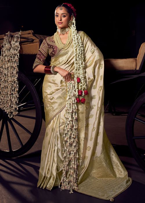 Golden Zari Woven Sareee In Viscose
