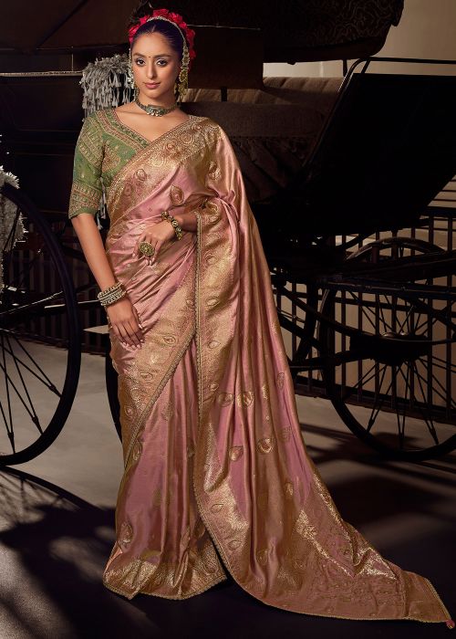 Peach Zari Woven Viscose Saree