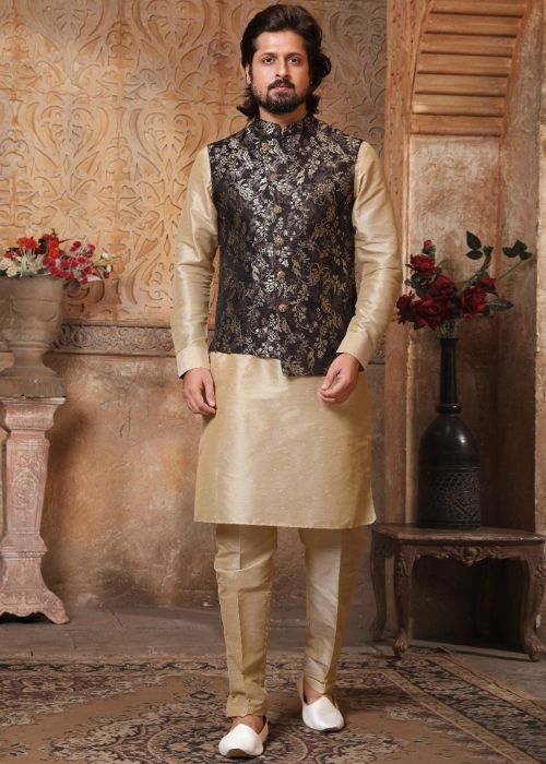 Readymade Cream Mens Silk Kurta Pajama With Jacket