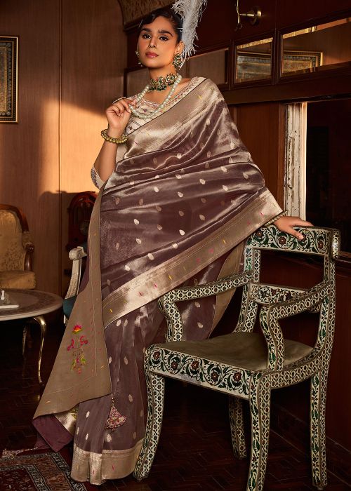 Brown Zari Woven Tissue Saree
