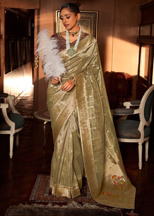 Grey Tisseue Silk Zari Woven Saree