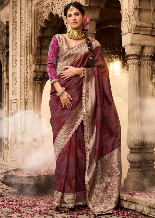 Maroon Zari Woven Art Silk Saree & Blouse