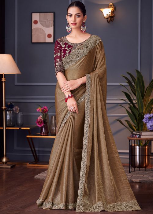 Brown Embroidered Border Silk Saree