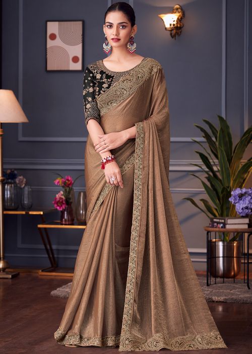 Brown Embroidered Saree In Silk