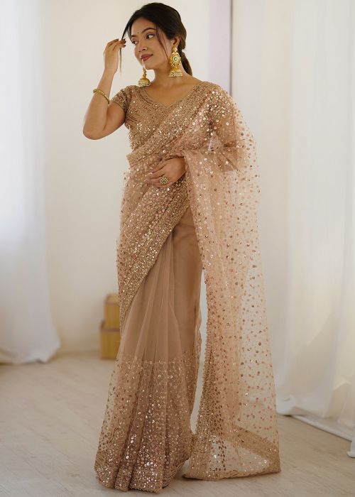 Beige Sequins Embellished Net Saree