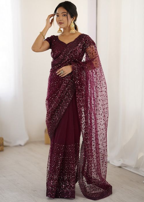 Wine Sequins Work Net Saree