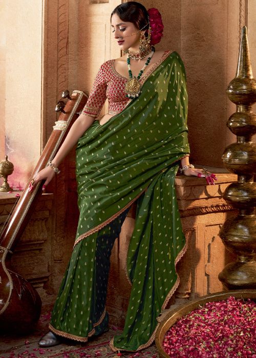 Green Embroidered Saree In Viscose
