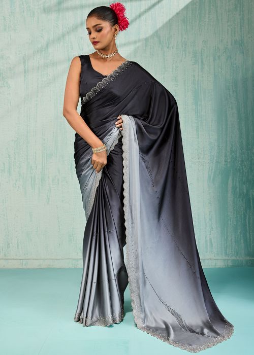 Shaded Black Stone Work Satin Saree
